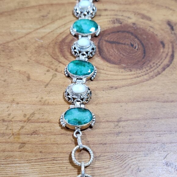 Vintage Raw Emerald & White Agate Bracelet Set in 925 Sterling Silver - Picture 2 of 5